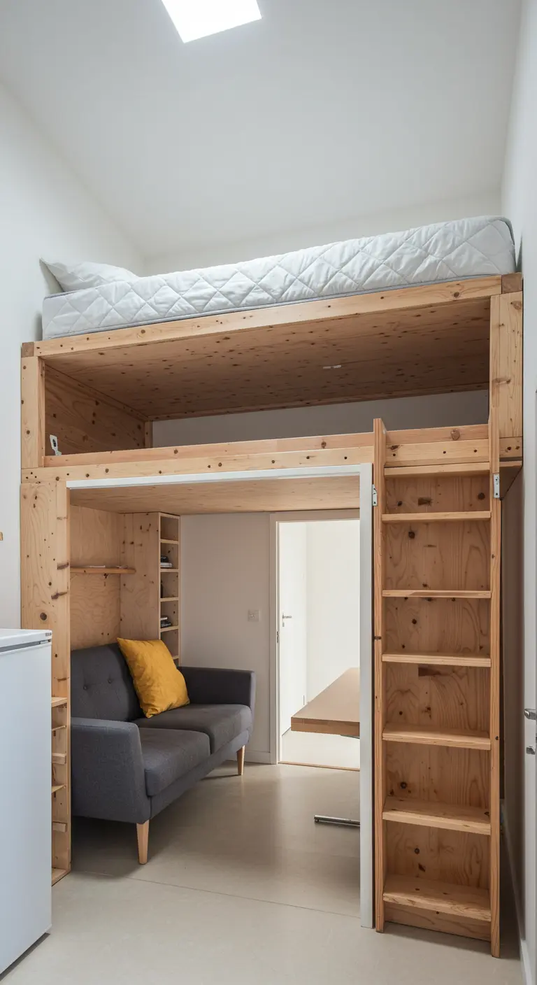 A simple plywood loft bed structure with a small grey sofa tucked underneath in a minimal apartment.