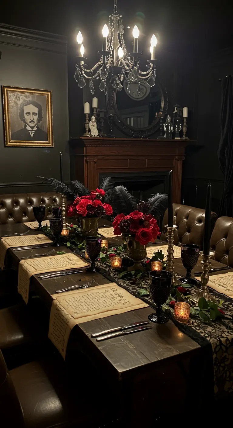A dark, elegant dining room with a portrait of Edgar Allan Poe and a table set with red roses.