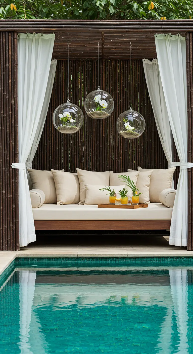A poolside daybed with a dark bamboo backdrop, white curtains, and globes with white orchids.