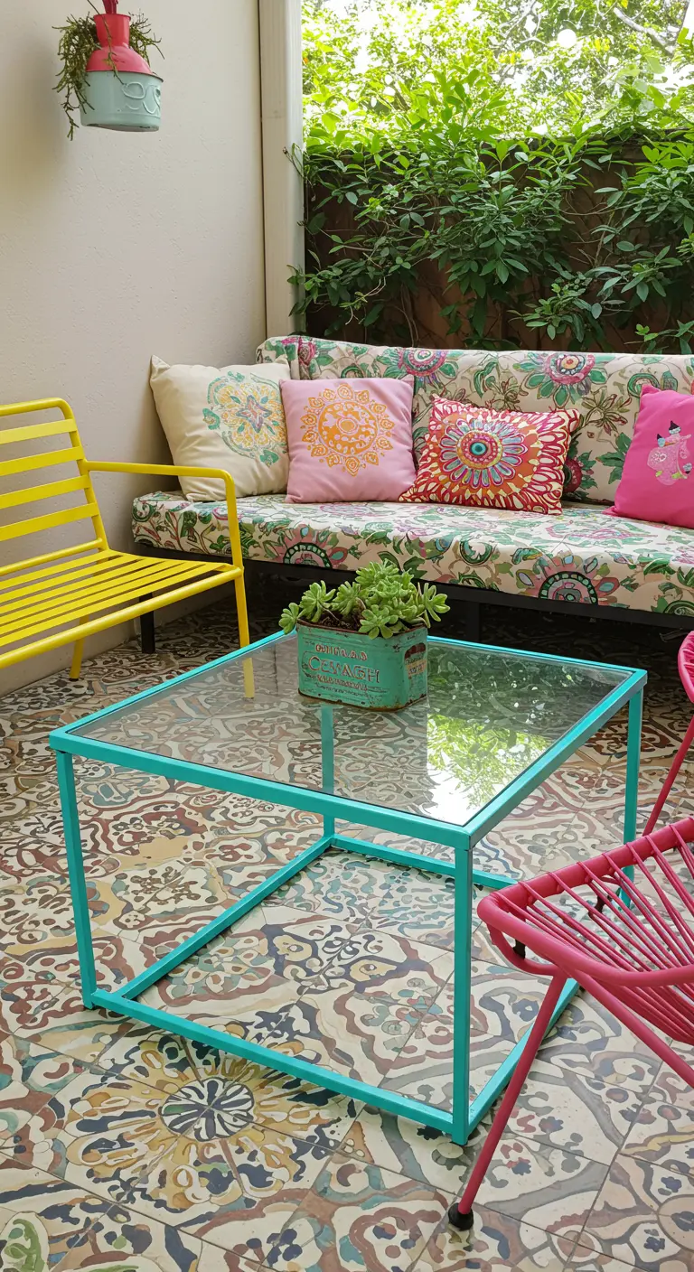 A colorful patio with patterned tiles and a bright turquoise coffee table with a succulent planter.