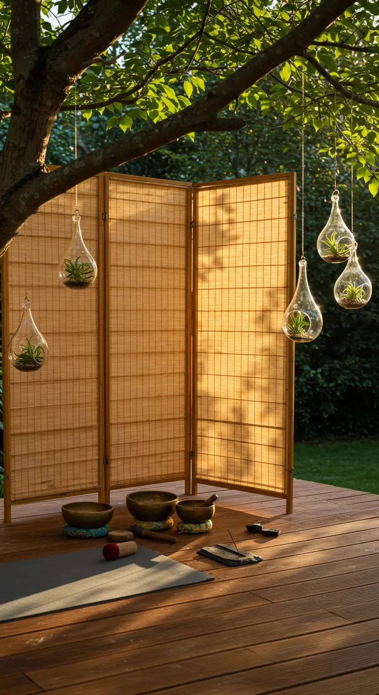 A folding bamboo screen on a deck creating a meditation space with singing bowls.