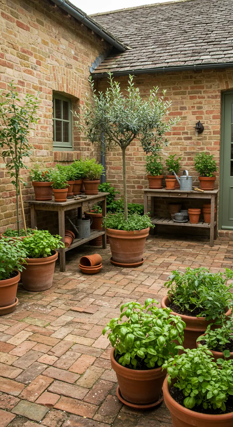 A brick courtyard with wooden potting benches holding numerous terracotta pots filled with herbs.