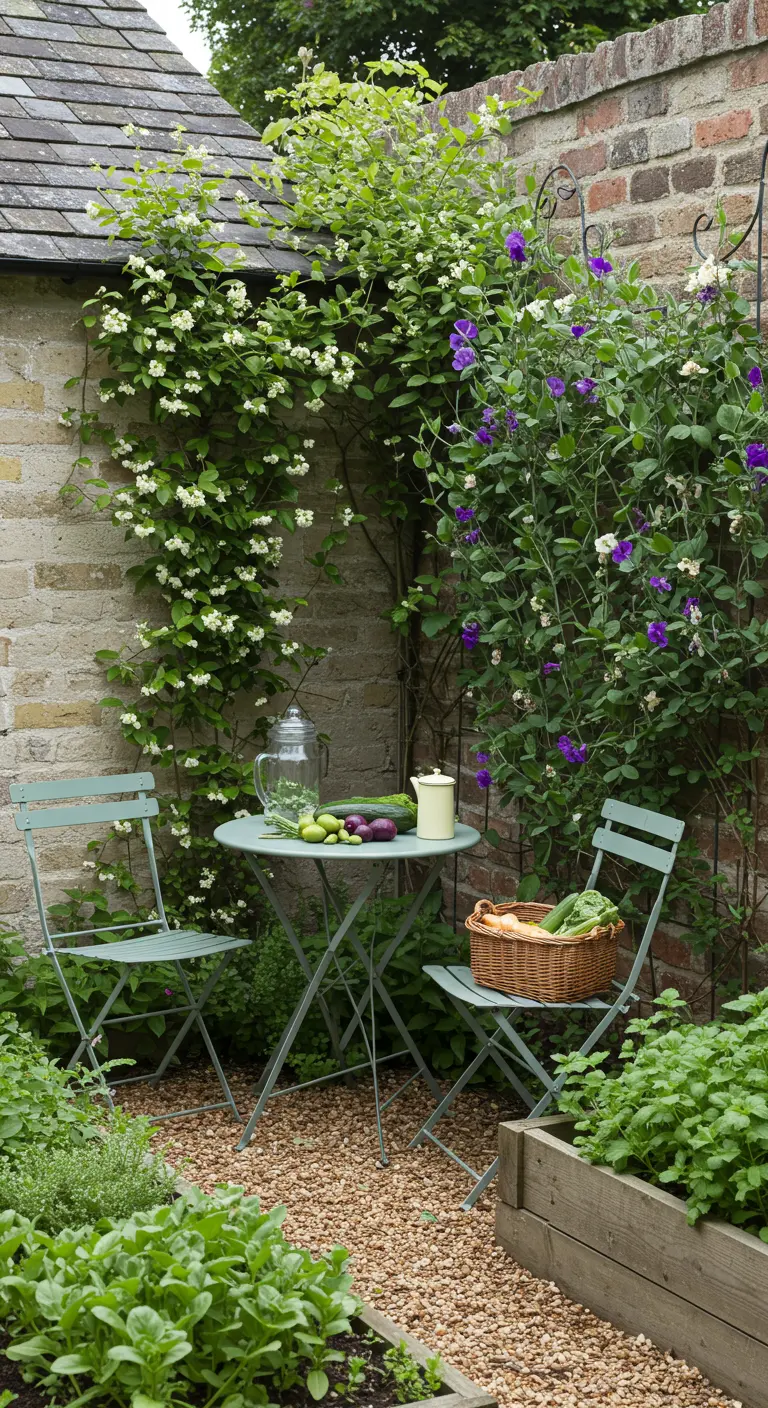 A sage green bistro set nestled among raised beds of lettuce and climbing vegetables.