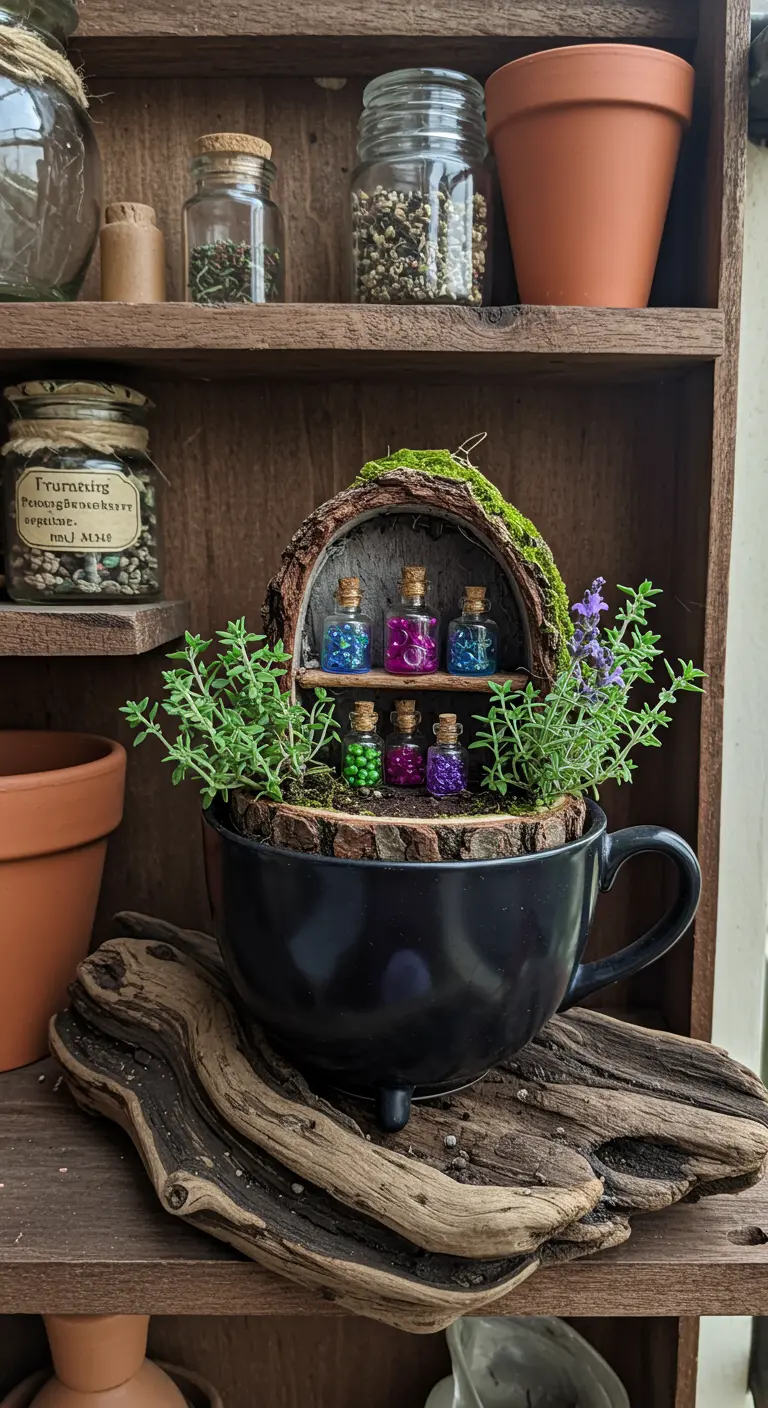 A black teacup with a miniature apothecary scene, featuring tiny potion bottles and herbs.