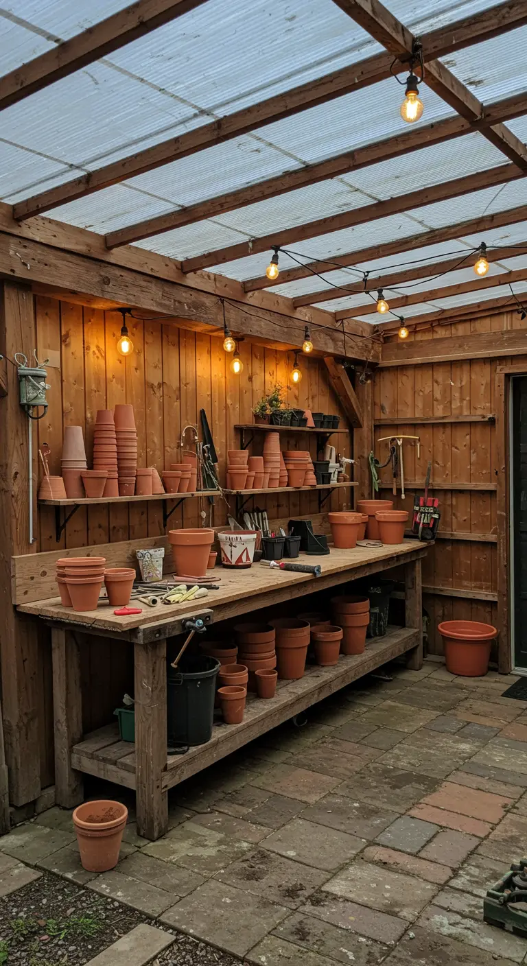 A pergola attached to a shed creates a potting station with shelves of terracotta pots.