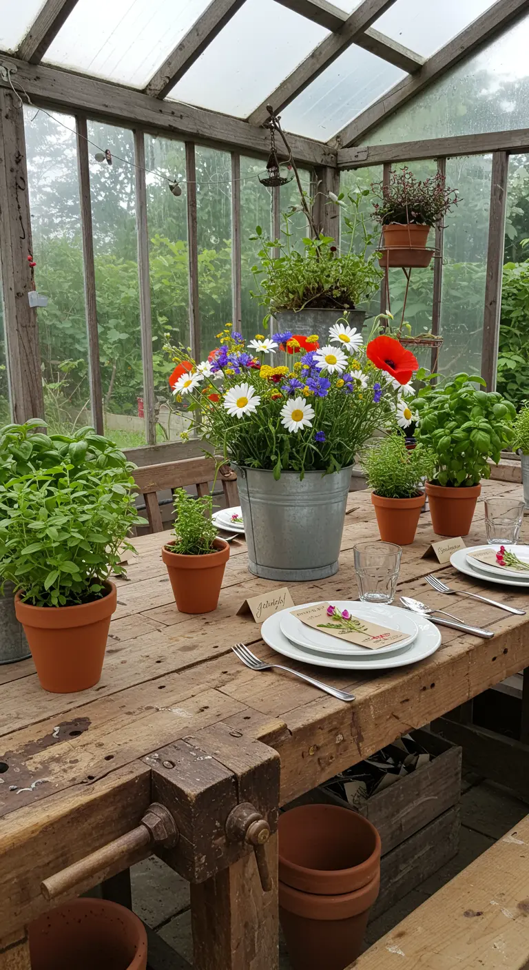A rustic wooden table in a greenhouse decorated with potted herbs and a bucket of wildflowers.