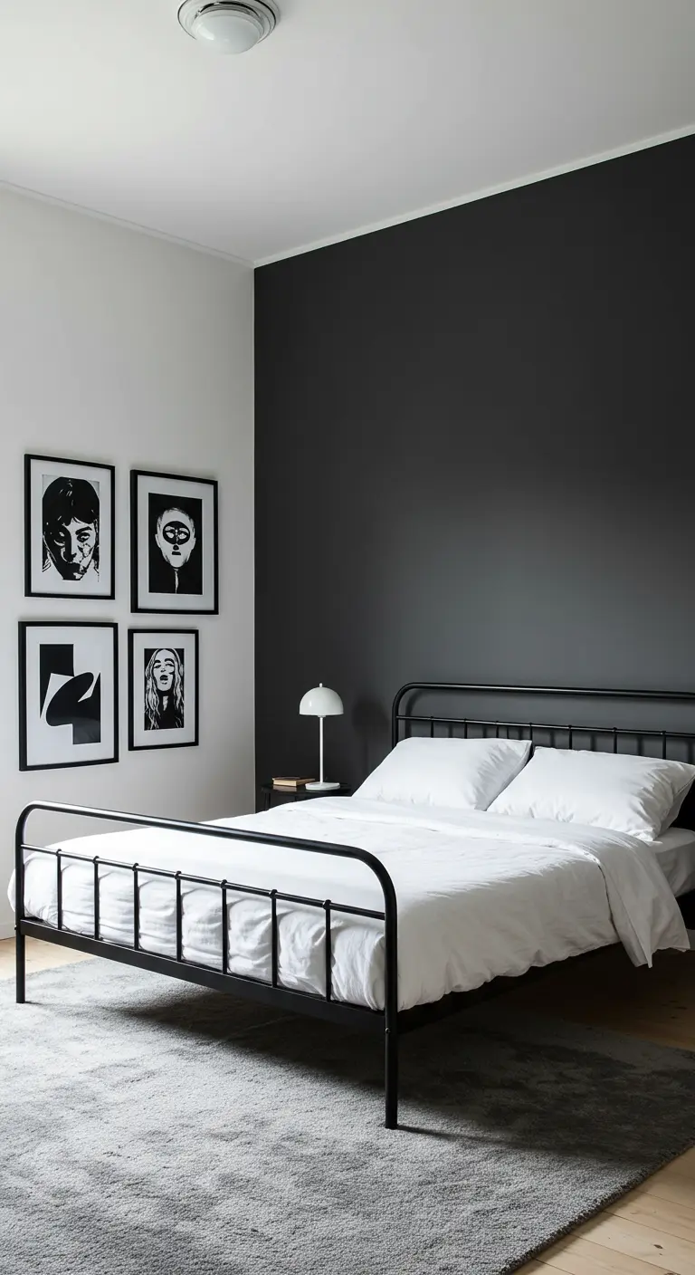 Bedroom with a charcoal accent wall behind a black metal bed with crisp white linens.