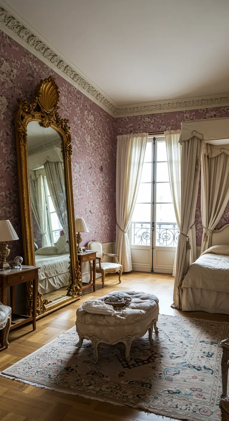 Grand gold floor mirror in a Parisian bedroom with dusty rose floral wallpaper.