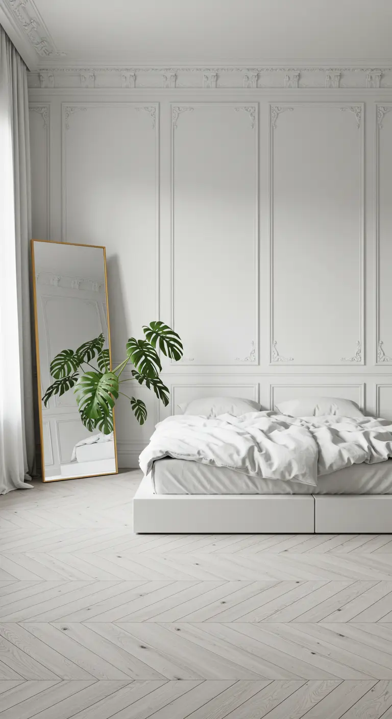 All-white bedroom with panelled walls, a leaning gold mirror, and a large monstera plant.