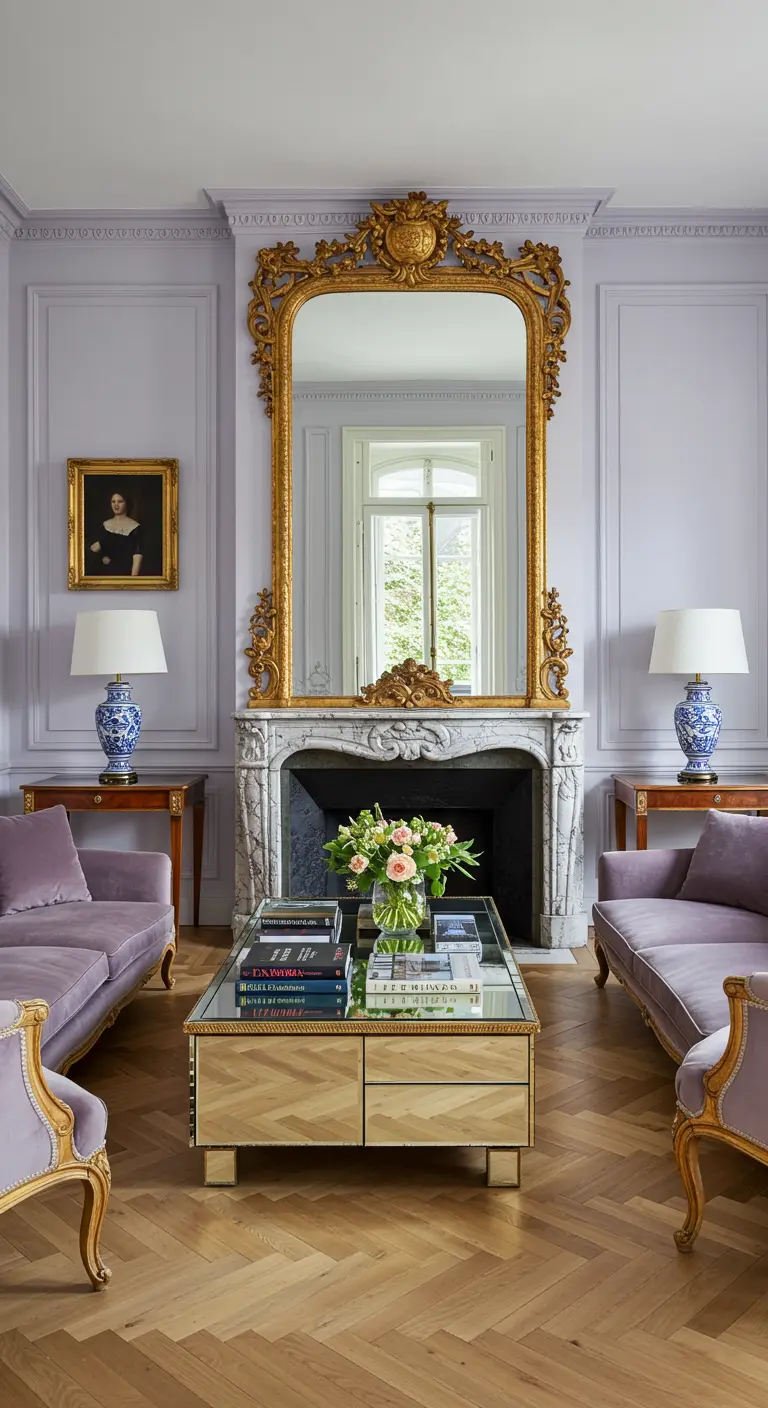 Symmetrical living room with two lavender sofas, a large gold mirror, and matching lamps.