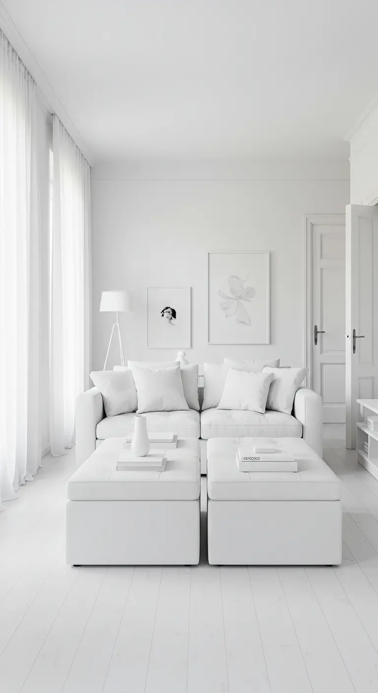 All-white living room with a modular sofa, ottomans, and sheer curtains.