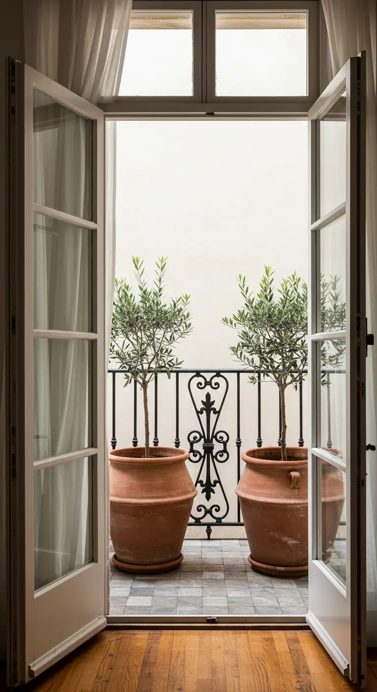 A view through open French doors to a balcony with two identical olive trees in terracotta pots.