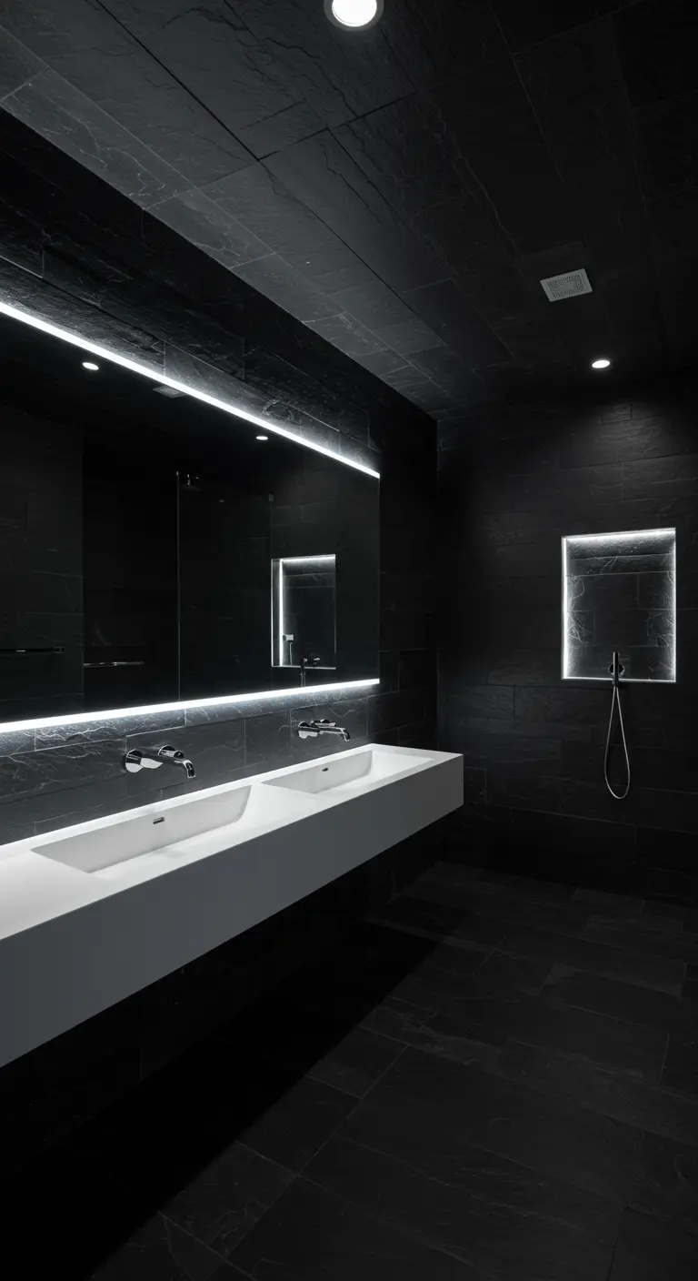All-black slate bathroom with a long floating vanity and a glowing shower niche.