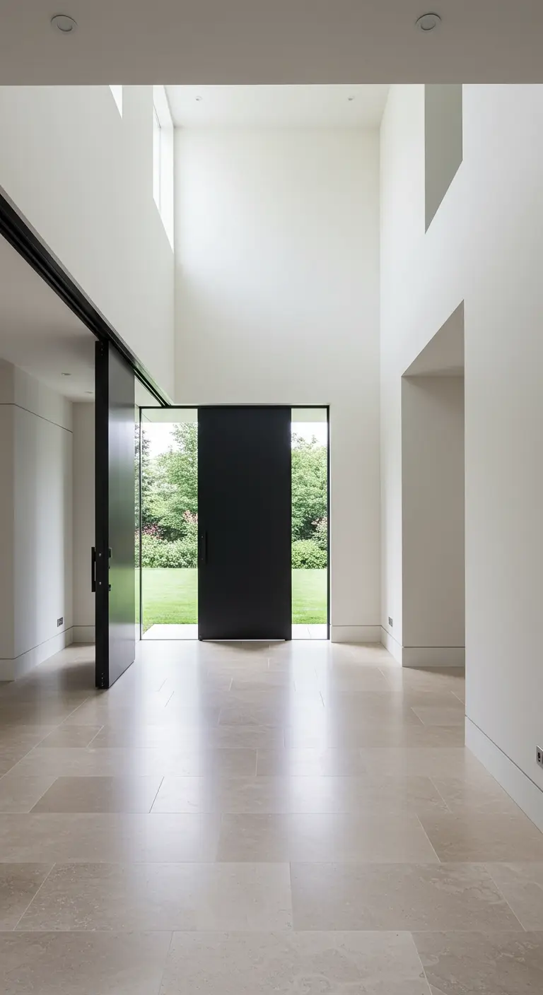 A minimalist entryway with high ceilings and an oversized black pivot door leading outside.