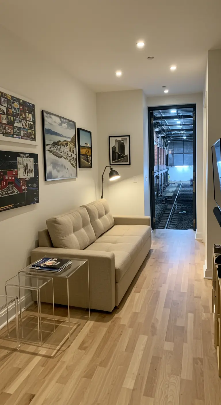 A narrow living space with a beige sleeper sofa and transparent acrylic nesting tables.