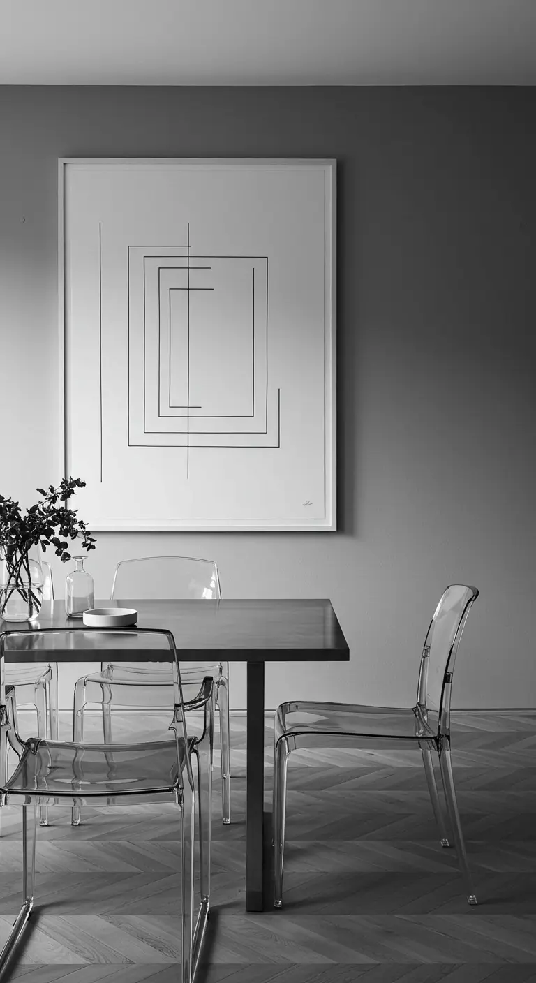 A dining table with transparent acrylic chairs and large, framed line art on the wall.