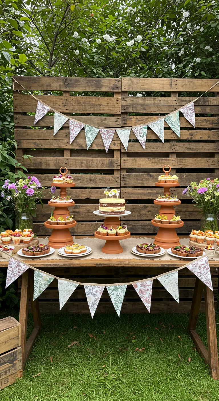 Rustic dessert table with a wooden pallet backdrop and tiered stands.