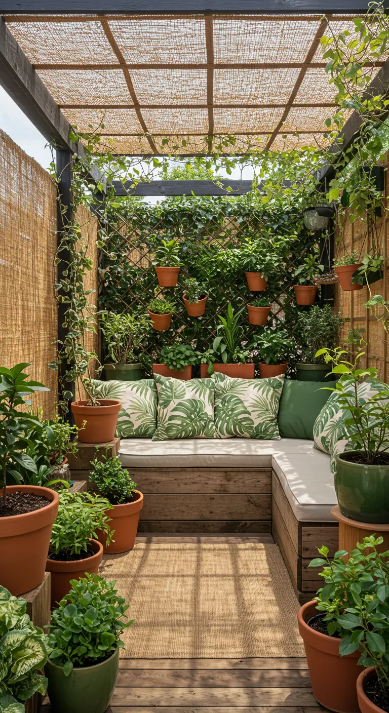 A lush balcony garden with a wooden bench, green cushions, and a trellis covered in plants.