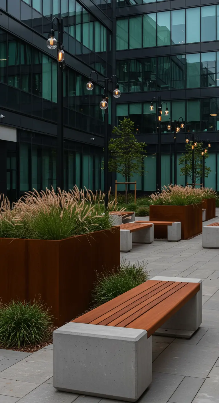 Modern benches with concrete bases and wood tops in a plaza with Corten steel planters.