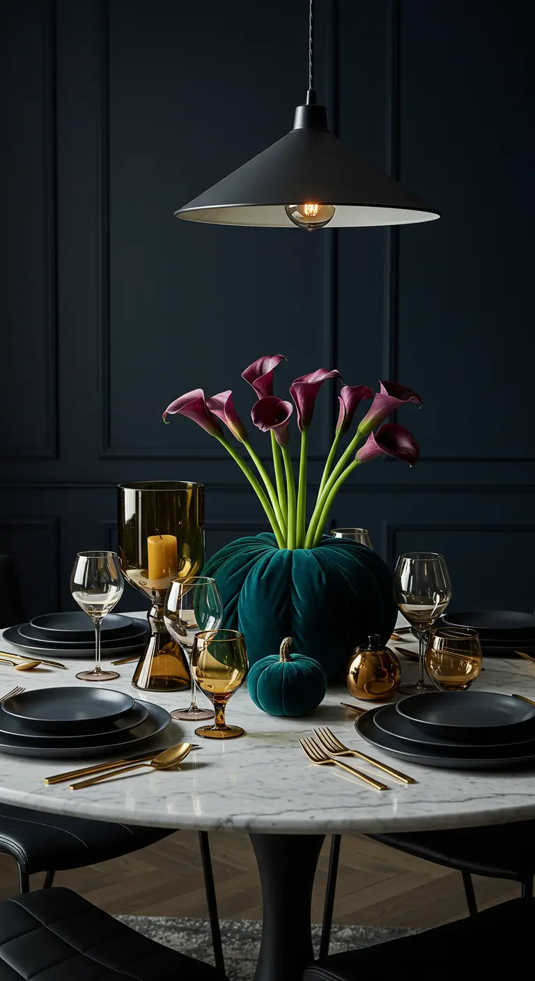 Teal velvet pumpkin used as a vase for purple calla lilies on a marble table.