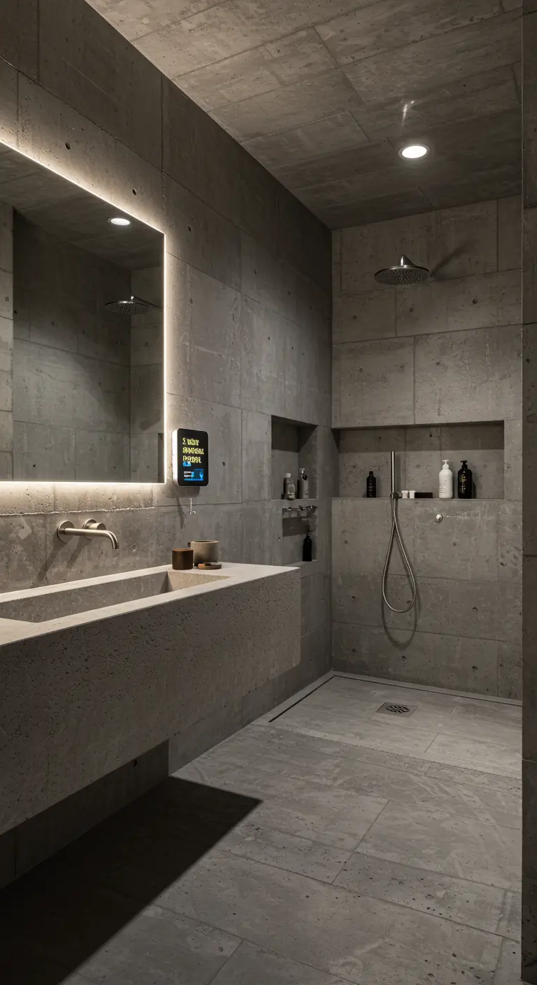 Minimalist concrete bathroom with an integrated sink and shower niches.