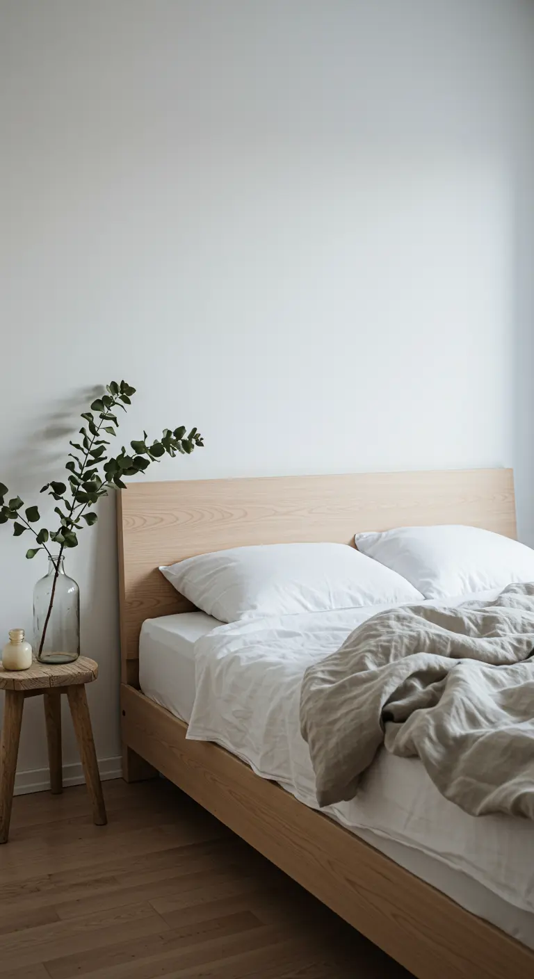 Minimalist bedroom with a light wood bed, white linens, and a single branch in a glass vase.