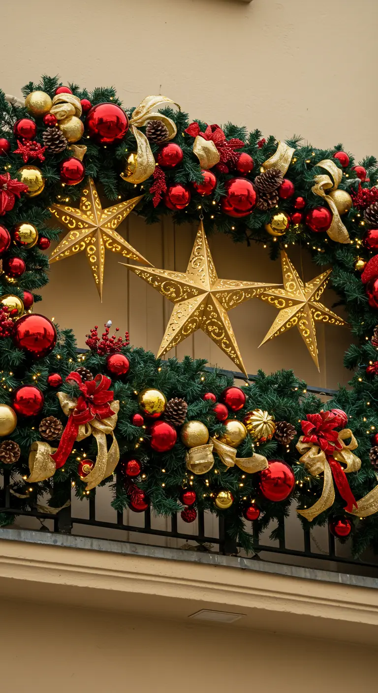 An opulent garland with red and gold baubles, ribbons, and large gold stars.