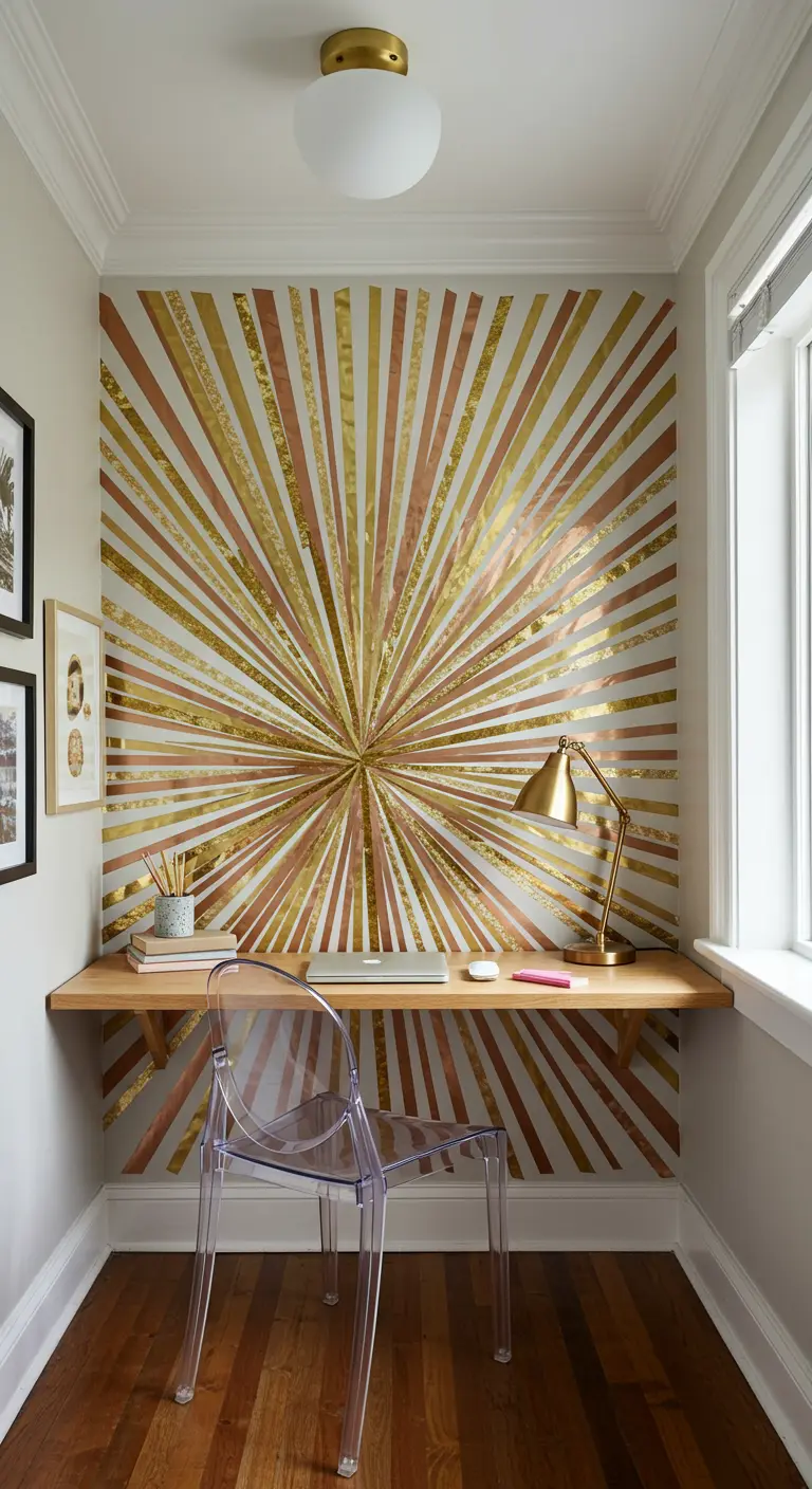 A small desk nook with a dramatic gold and copper washi tape sunburst pattern on the wall.