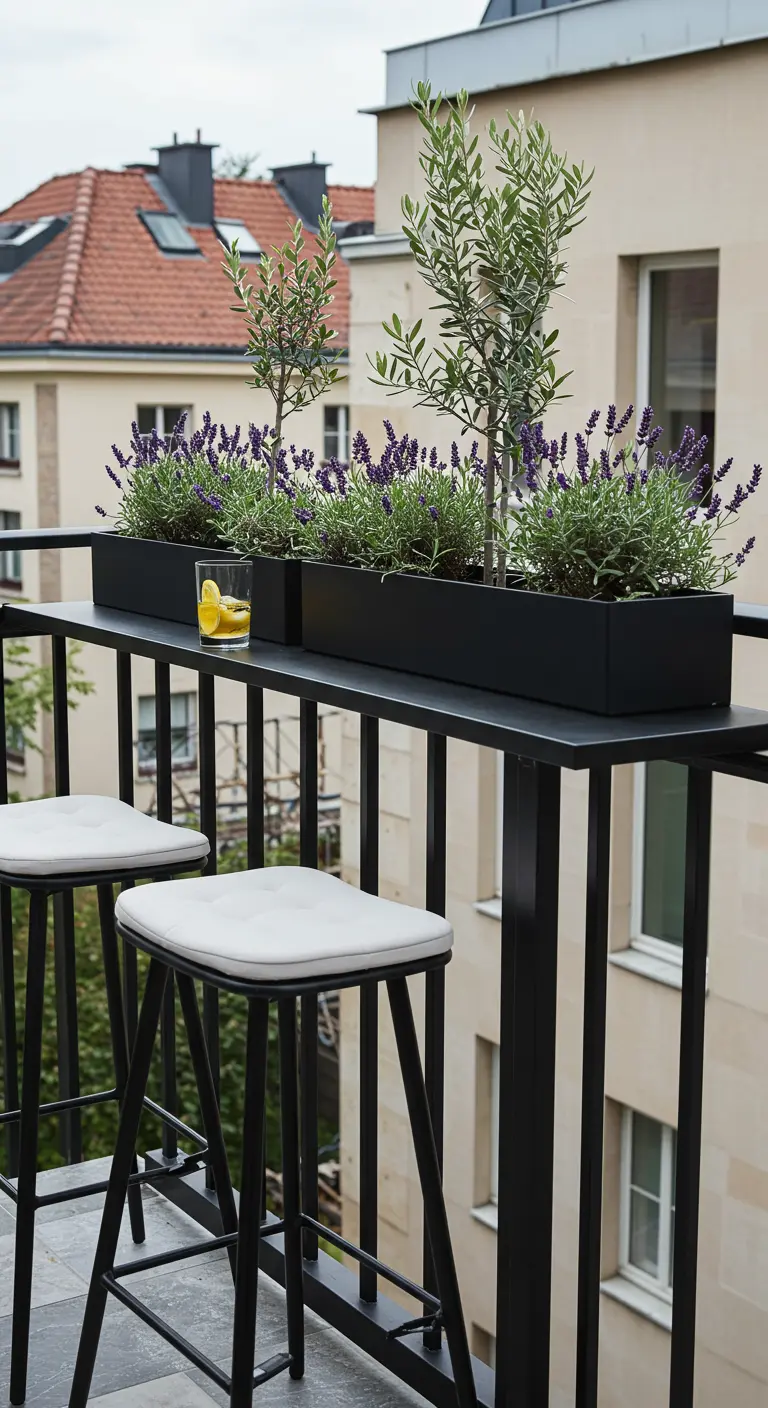 A black railing bar with bar stools and planters filled with lavender and olives.