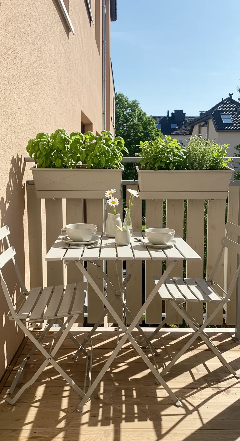 A sunny balcony with white railing planters overflowing with fresh green herbs like basil and mint.