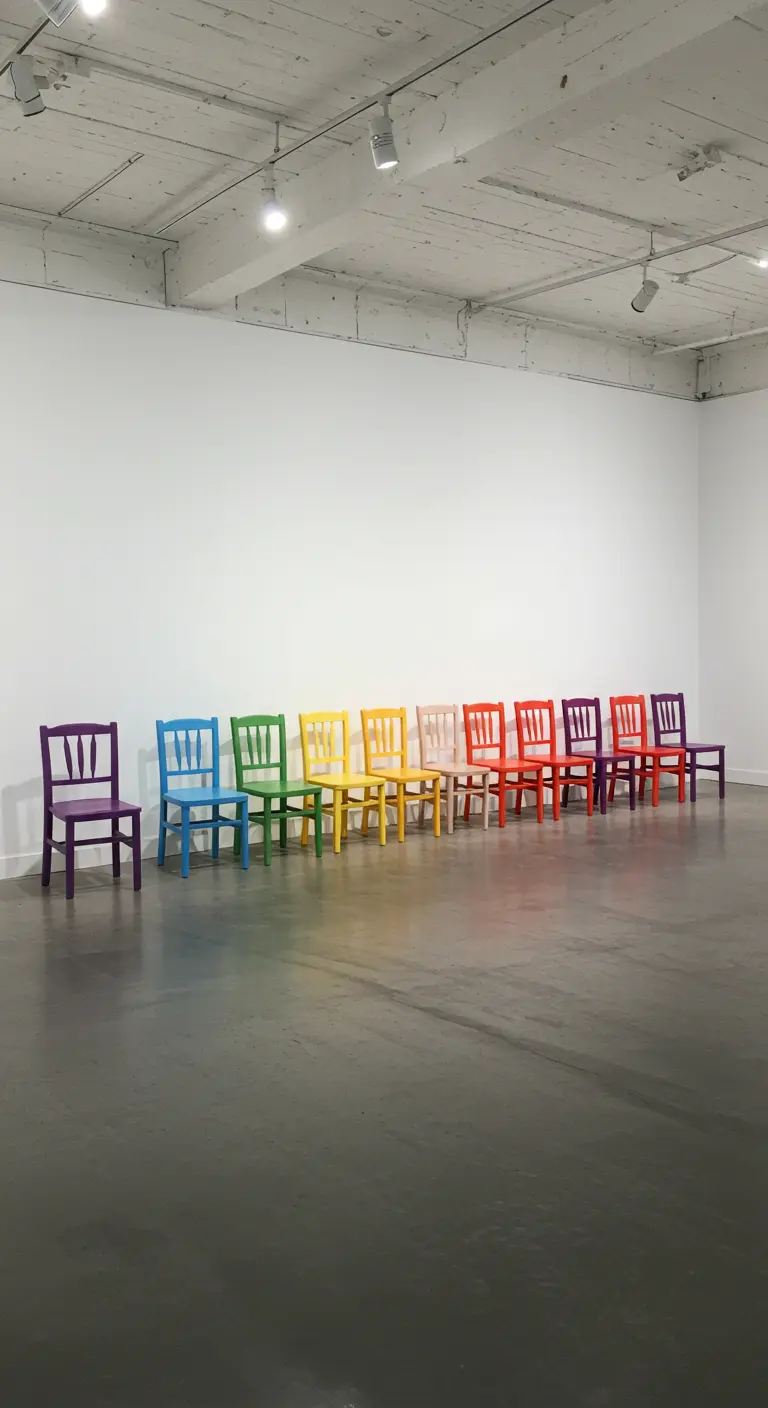 A long row of wooden chairs, each painted a different color of the rainbow.