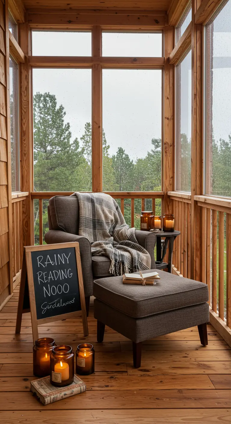 A cozy enclosed porch with a comfy armchair, a plaid throw, and a chalkboard sign for a 'Rainy Reading Nook'.