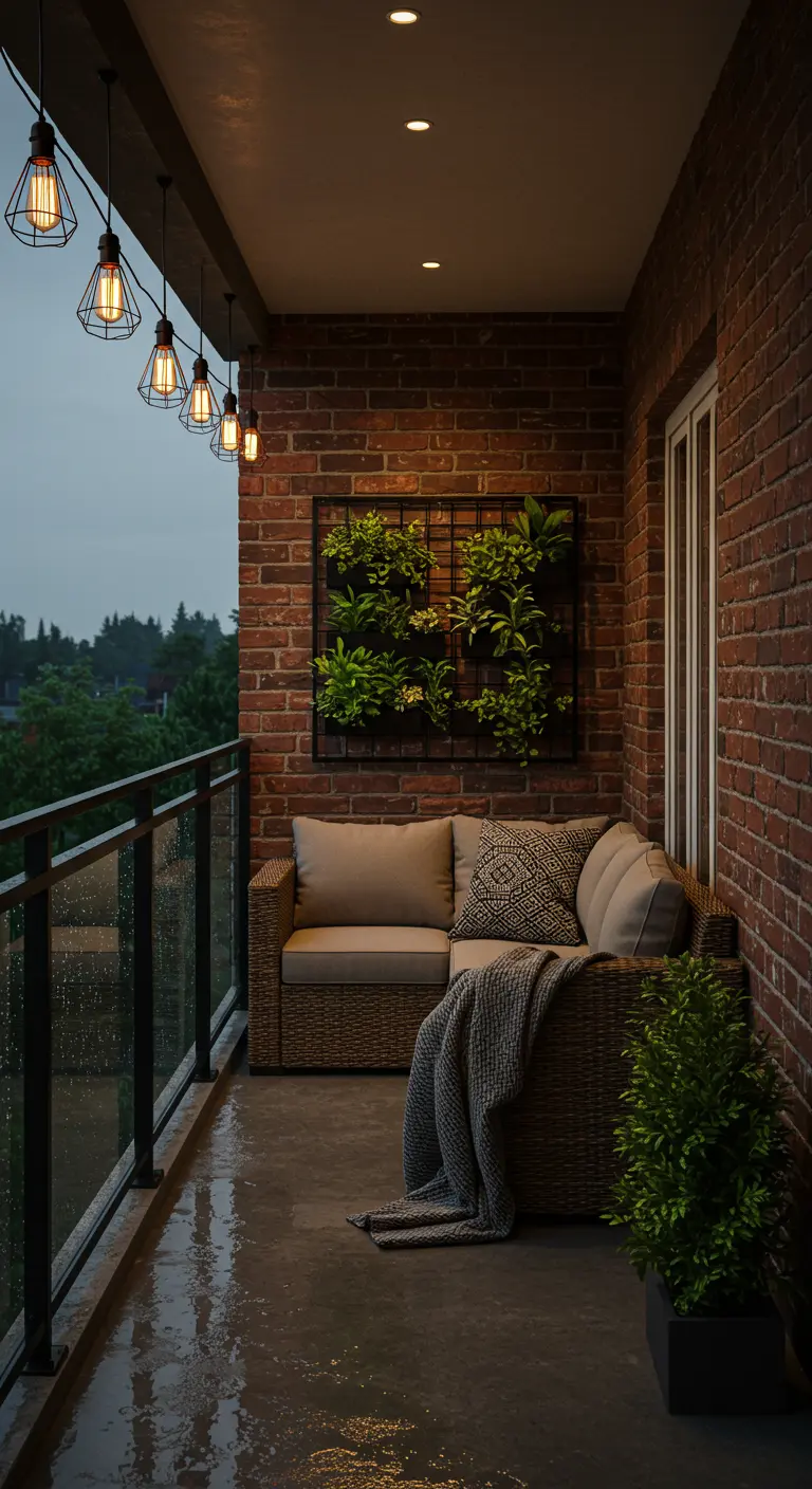 A cozy balcony on a rainy evening with a living wall and a wicker loveseat.