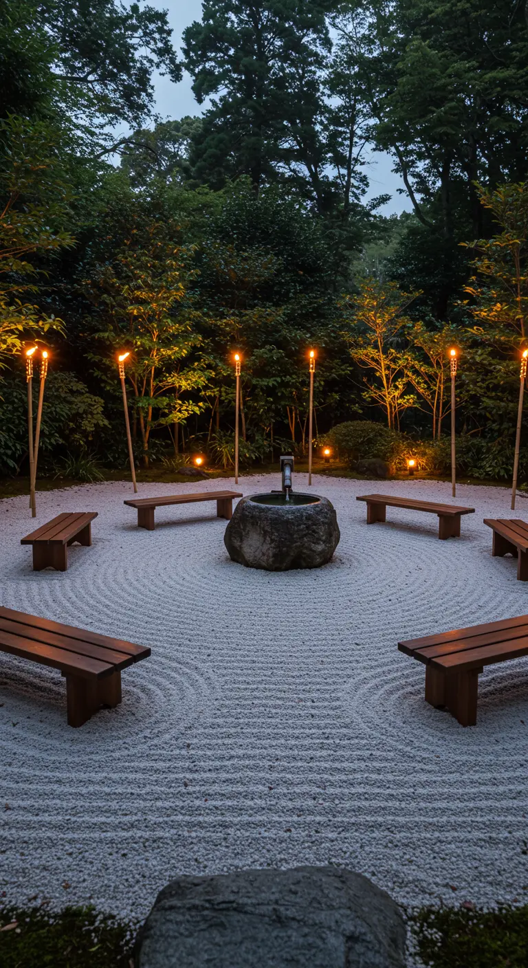 A circular Zen garden with raked sand, simple wooden benches, and bamboo torches at dusk.