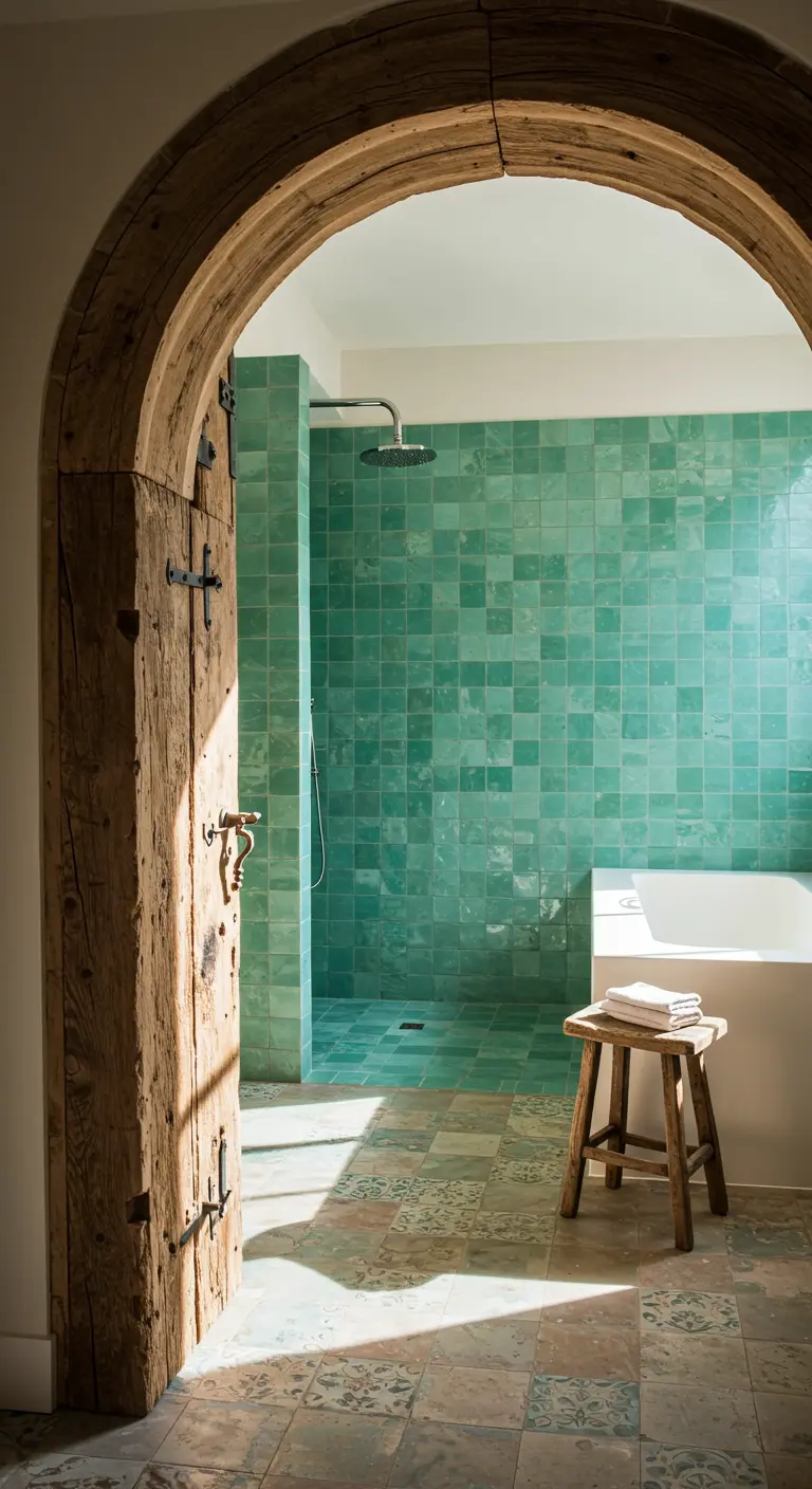 View into a green-tiled bathroom through a heavy, reclaimed wood arched doorway.