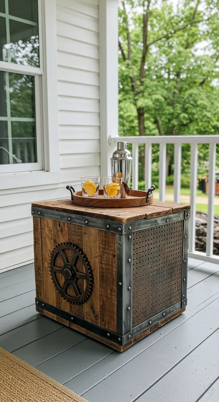 Wooden crate-style side table with metal trim and a large gear accent on the side.