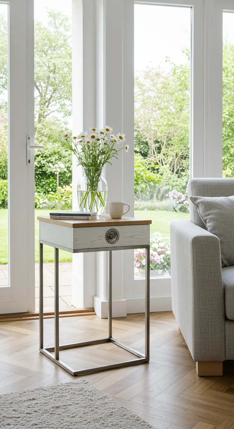 Elegant side table with a white drawer featuring a small gear accent, holding a vase of daisies.