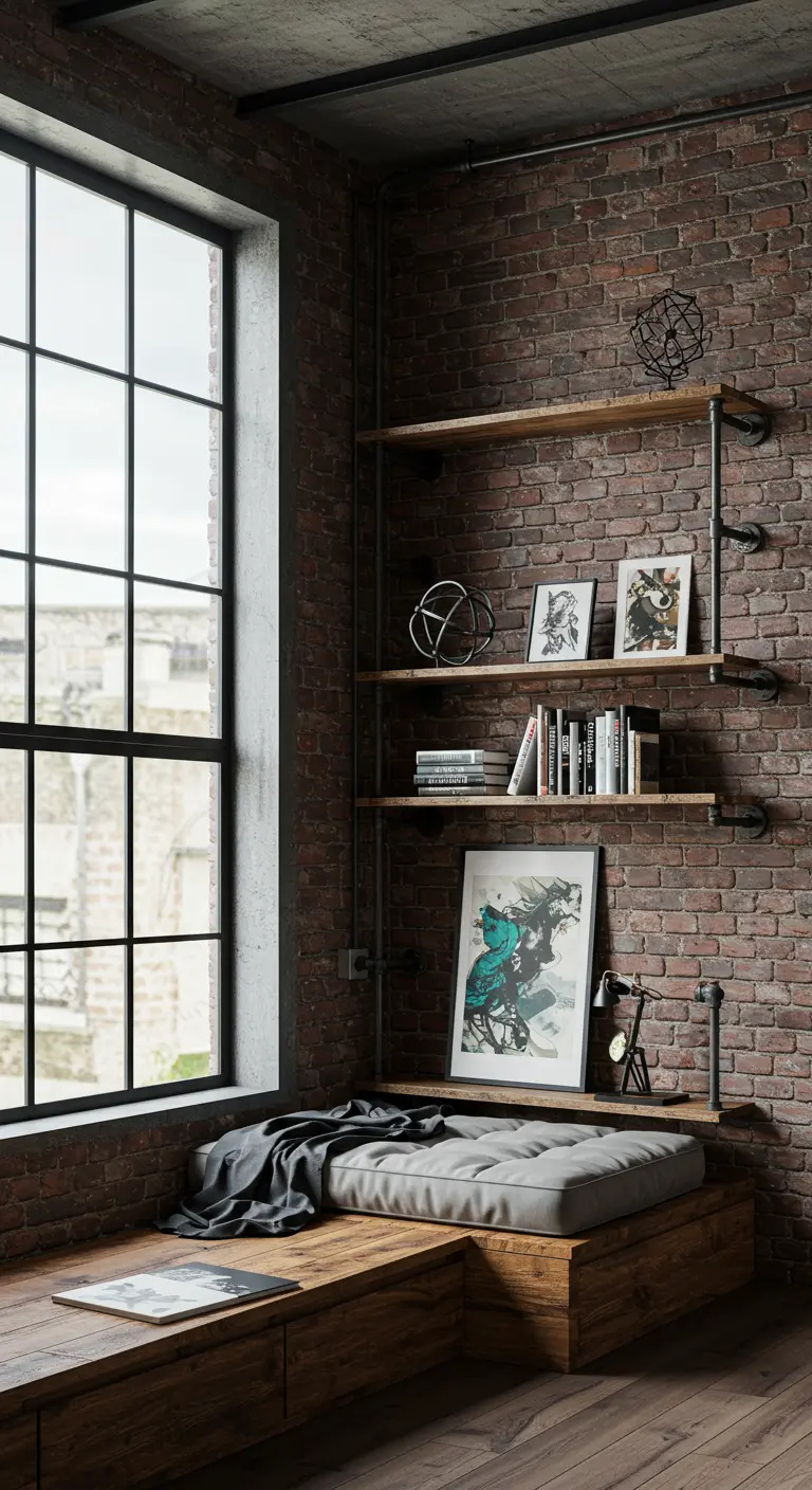 An industrial reading nook with a wood bench, pipe shelves, and an exposed brick wall.