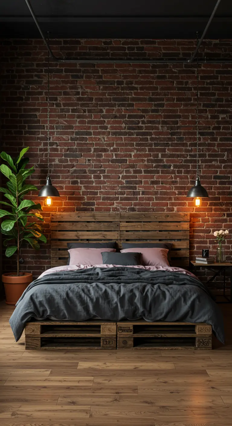 Pallet bed with grey linens against a brick wall, with industrial pendant lights hanging low.