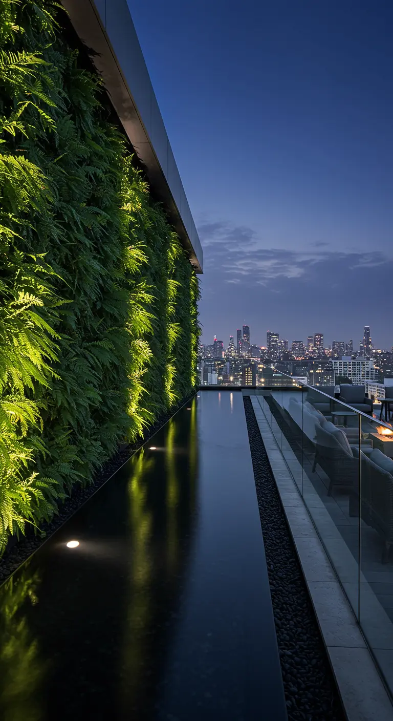 A long, dark reflecting pool runs alongside a tall living wall on a city rooftop at night.