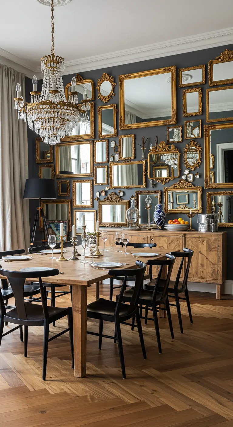 Dining room with a dark gray wall covered in a collection of gold-framed mirrors.