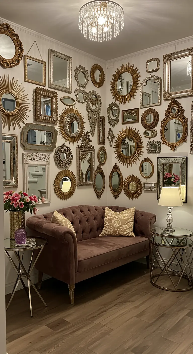 A salon-style gallery wall composed entirely of mirrors in various ornate frames.