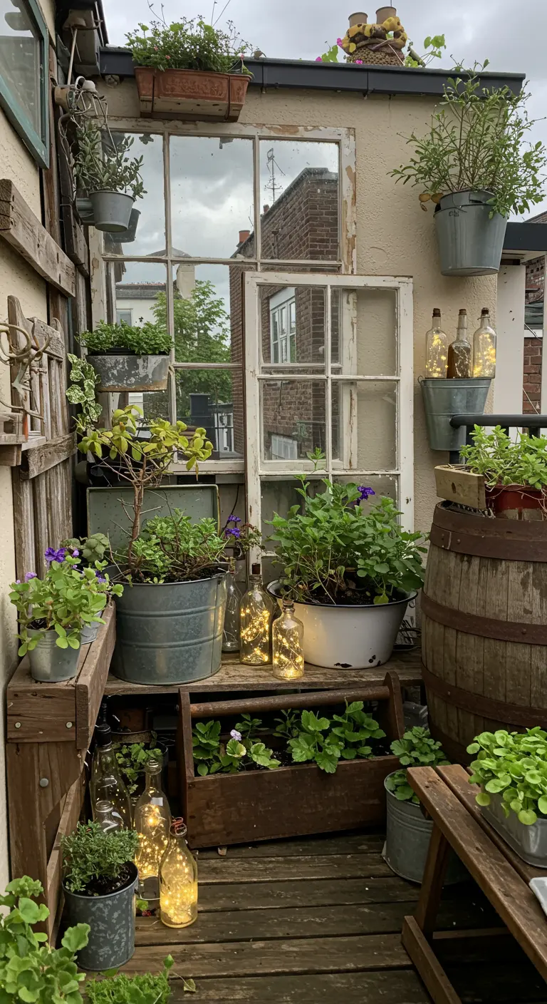 A rustic balcony corner with a vintage window mirror, a barrel, and bottles with fairy lights.
