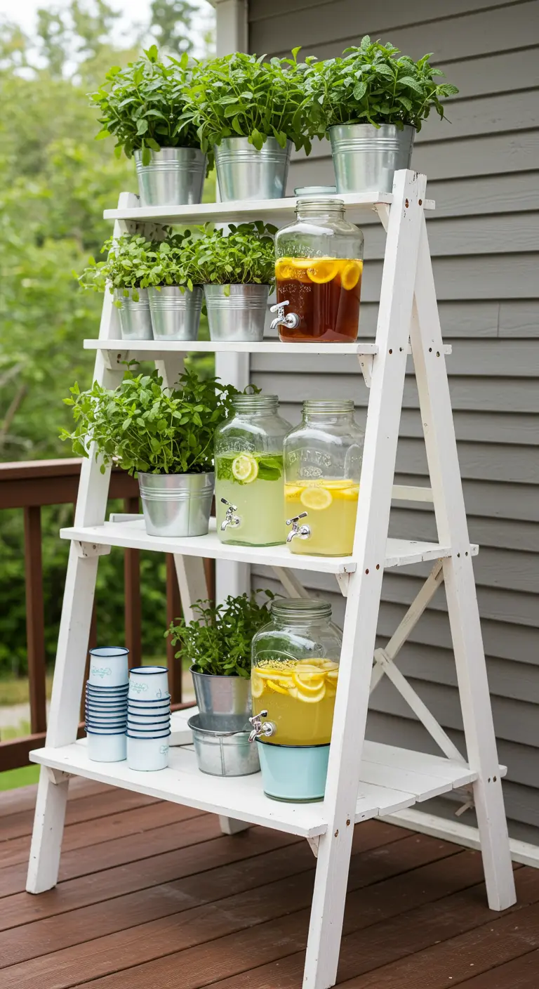 A white A-frame ladder on a deck used as a drink station with beverage dispensers and mint plants.