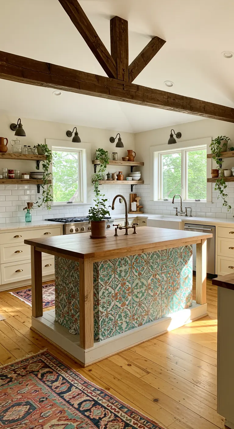 A rustic kitchen with cream cabinets, dark wooden beams, and a patterned island base.