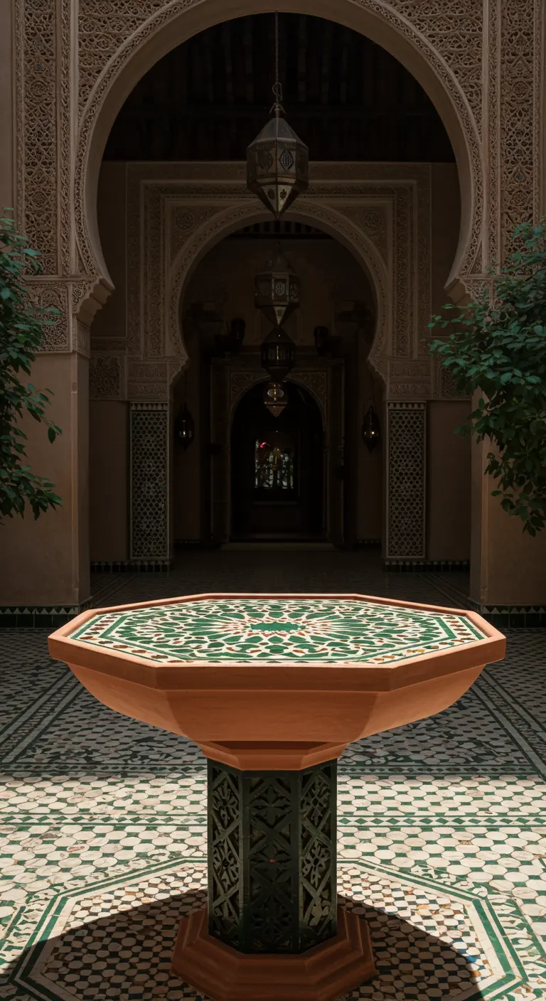 An ornate, octagonal terra cotta birdbath with green and white tiles in a Moroccan courtyard.