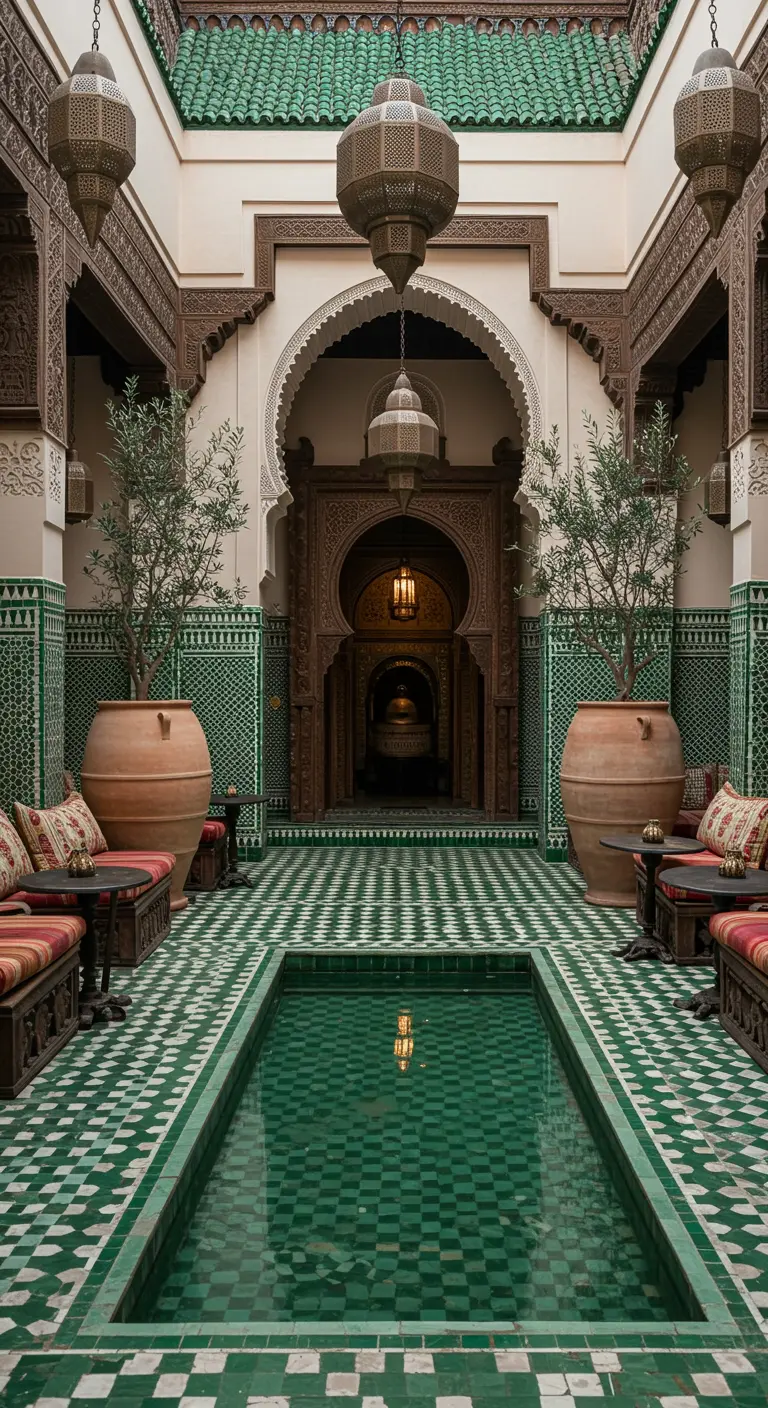 A symmetrical Moroccan riad with a central pool, green tiles, and large urns with olive trees.