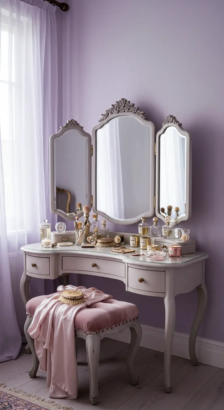 Ornate grey vanity table with a tri-fold mirror against a lavender wall.