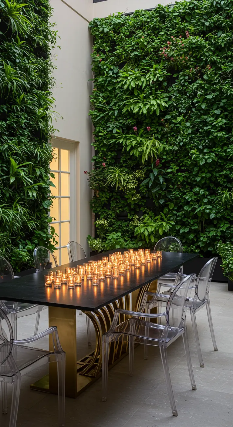 A long black table with a gold base set before a lush living wall, with rows of candles.
