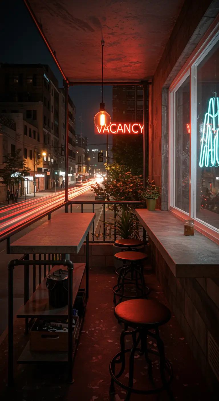 A narrow balcony bar at night with a red 'VACANCY' neon sign and traffic light trails.